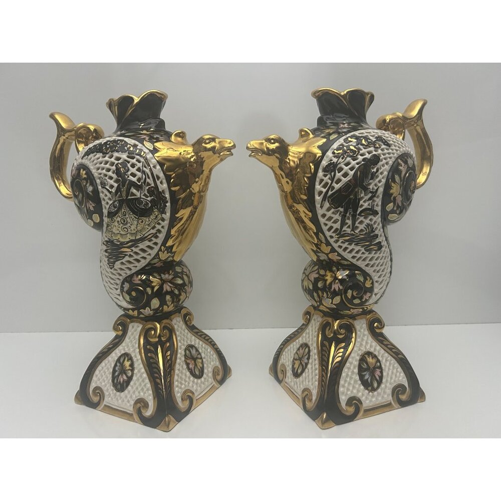 Pair of gilded Rococo majolica decor ewers lamps reticulated hand painted Italy